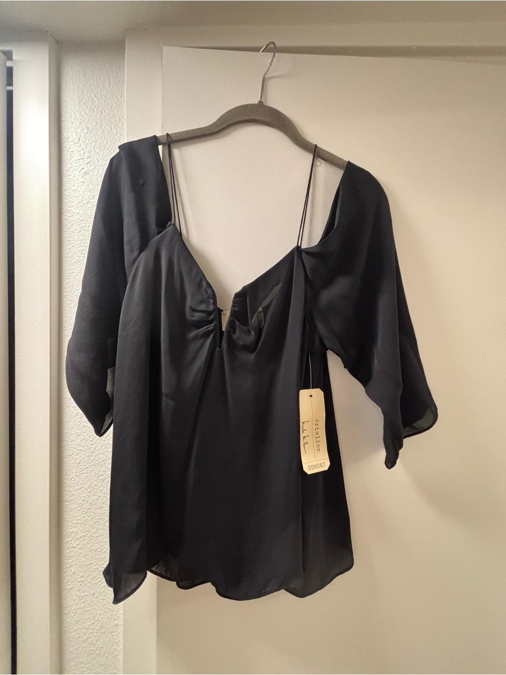 Nicole Miller Black Satin V-Neck Blouse with Slim Straps